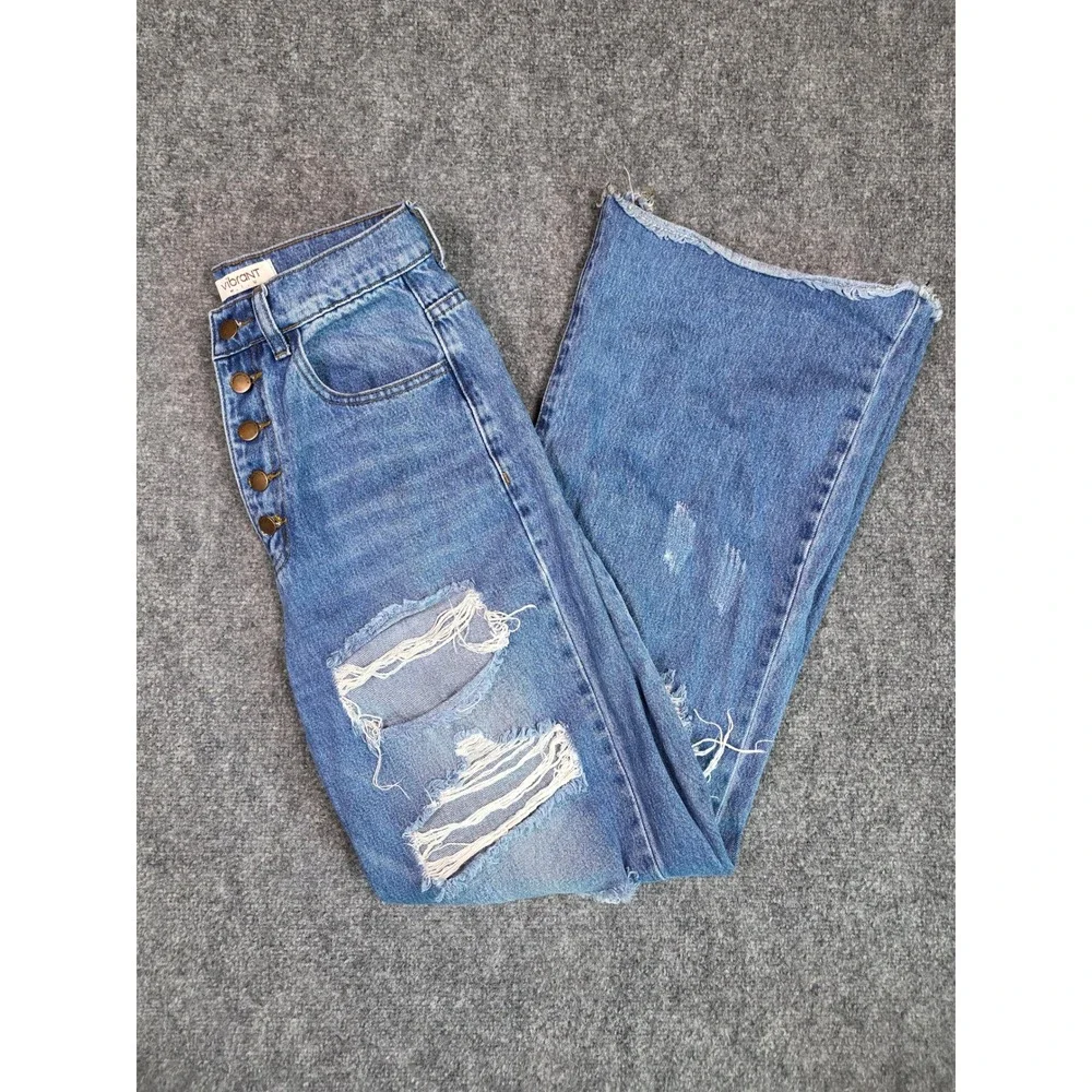 Vibrant M.I.U. Distressed Wide Leg Jeans Womens 7/27 Blue High Rise Button‎ Fly